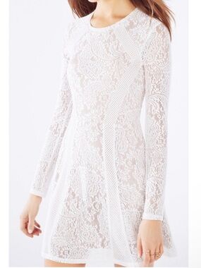BCBGMaxAzria White Long-Sleeve Lace Mini Dress